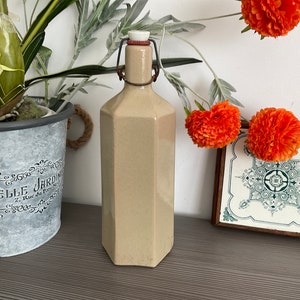 Vintage French Hand Made Hexagonal Bottle, Glazed Beige Stoneware Bottle with Stork Makers Mark