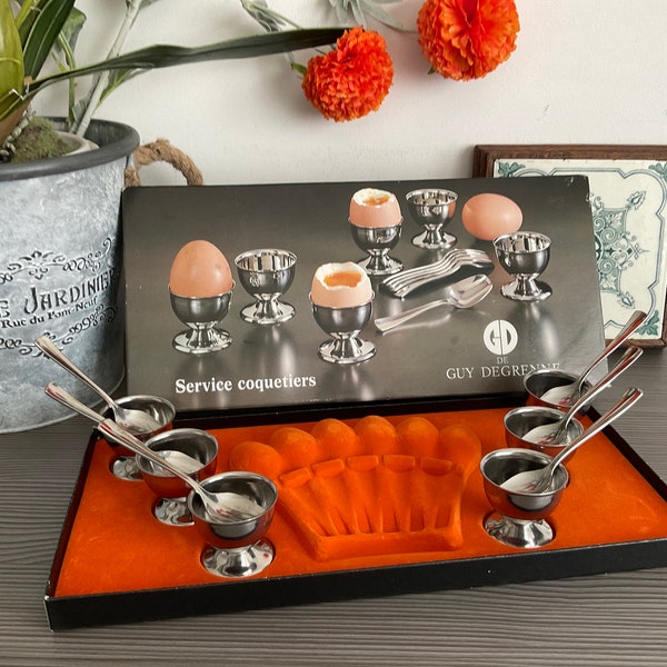 Vintage GUY DEGRENNE ‘Service Coquetiers’ Boxed Egg Cup Set, French Stainless Steel Breakfast Set