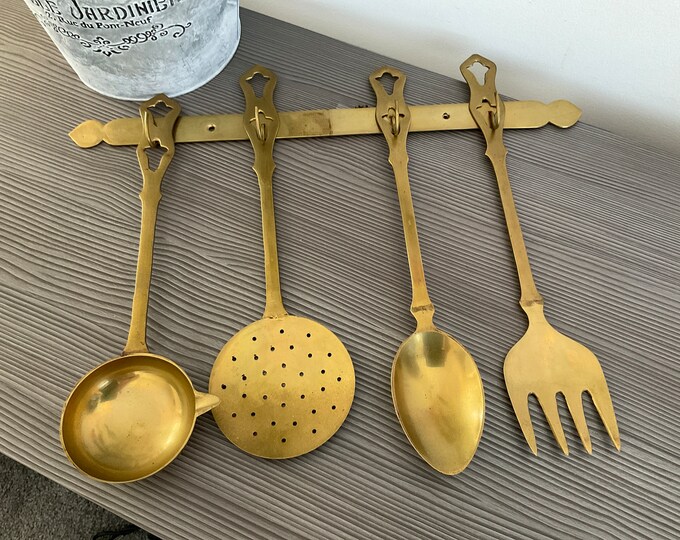 Vintage French Brass Kitchen Utensils With Hanging Bar 5 Piece Etsy