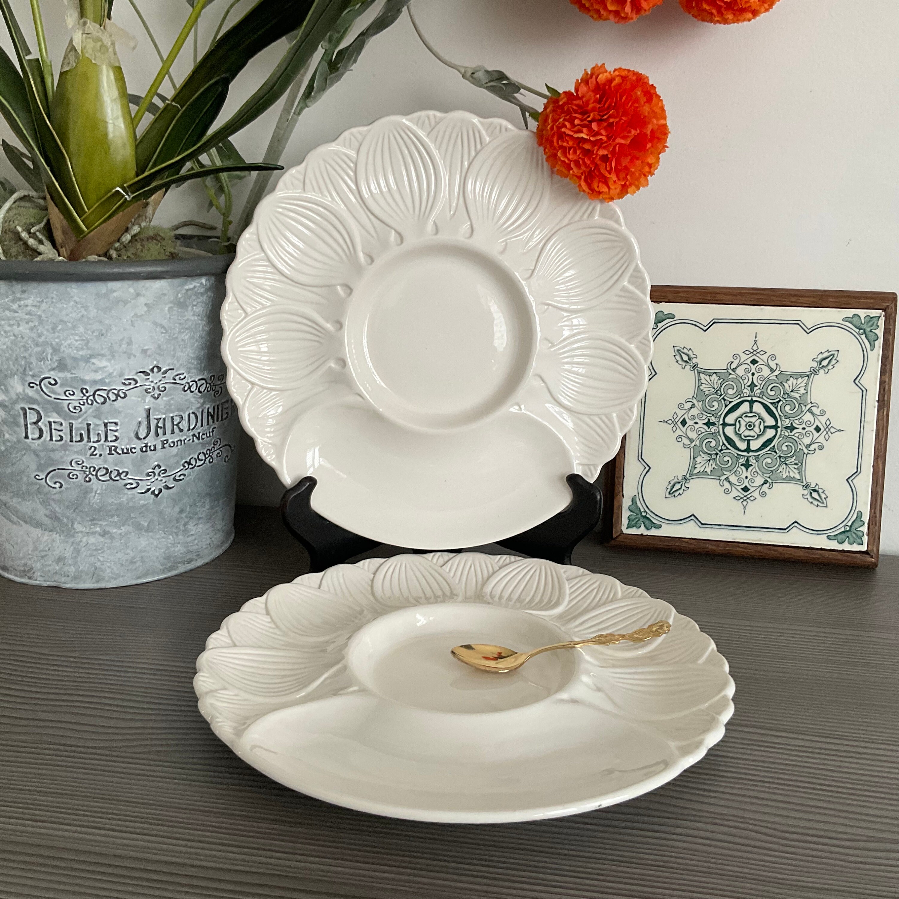 Vintage ICTC London Ironstone Oyster Plates: White Majolica Mezze