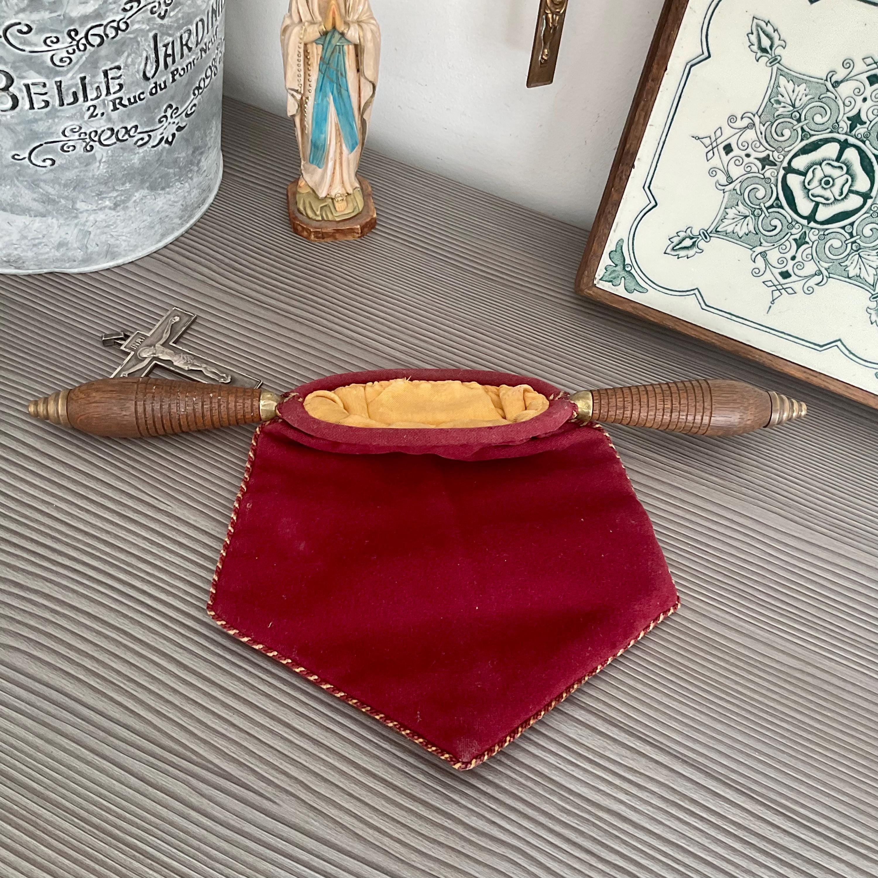 Vintage Red Velvet Offering Bag, Catholic Church Collection