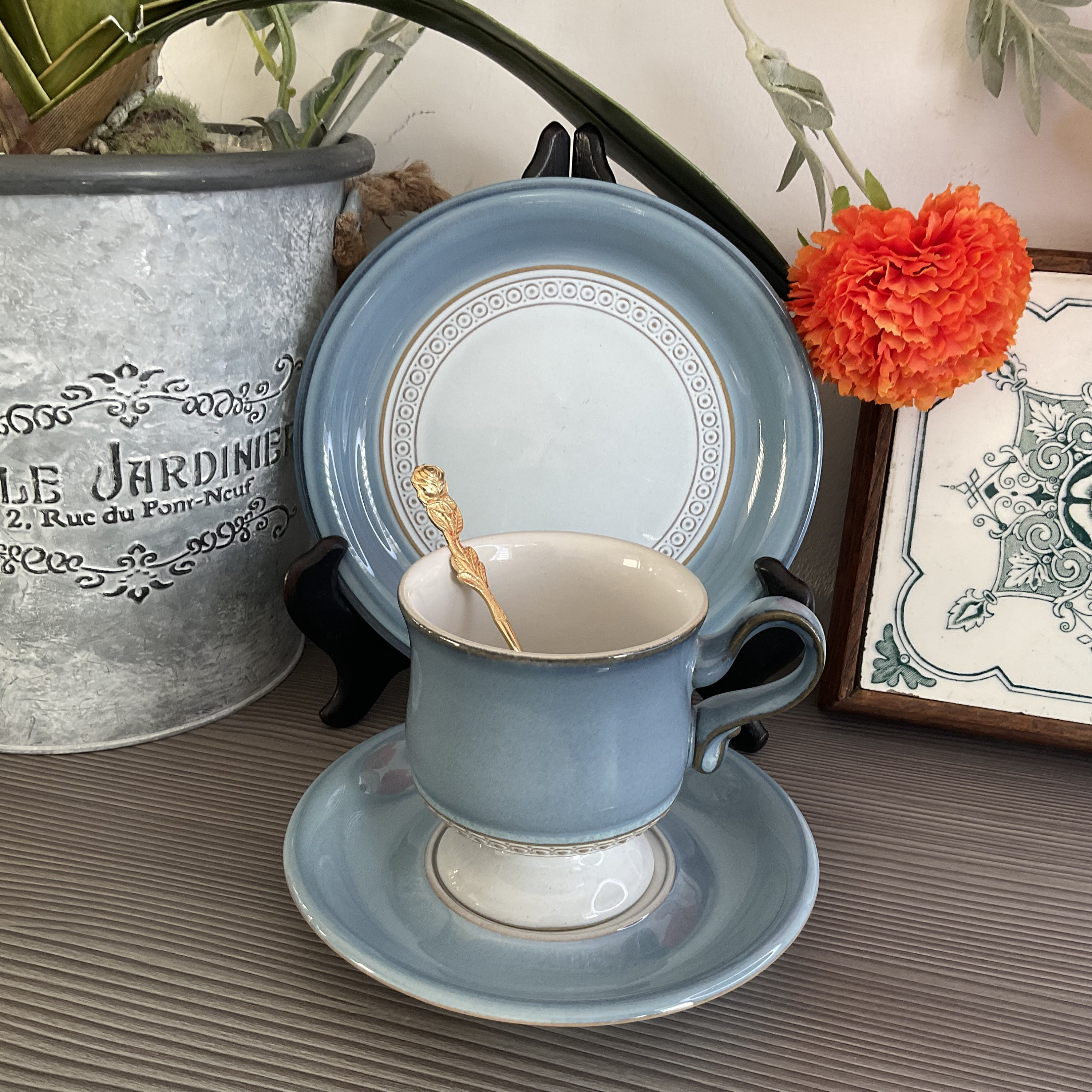 DeAMI & cafunebya セット Elegant DENBY Castile Trio, Soft Blue, Footed Cup, Saucer and Cake