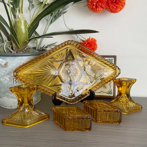 Vintage Amber Glass Art Deco Vanity Set: 5-piece Pressed Glass