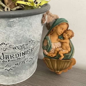Vintage Virgin Mary Holy Water Font: Hand-Painted Catholic Wall Hanging, Made in Italy