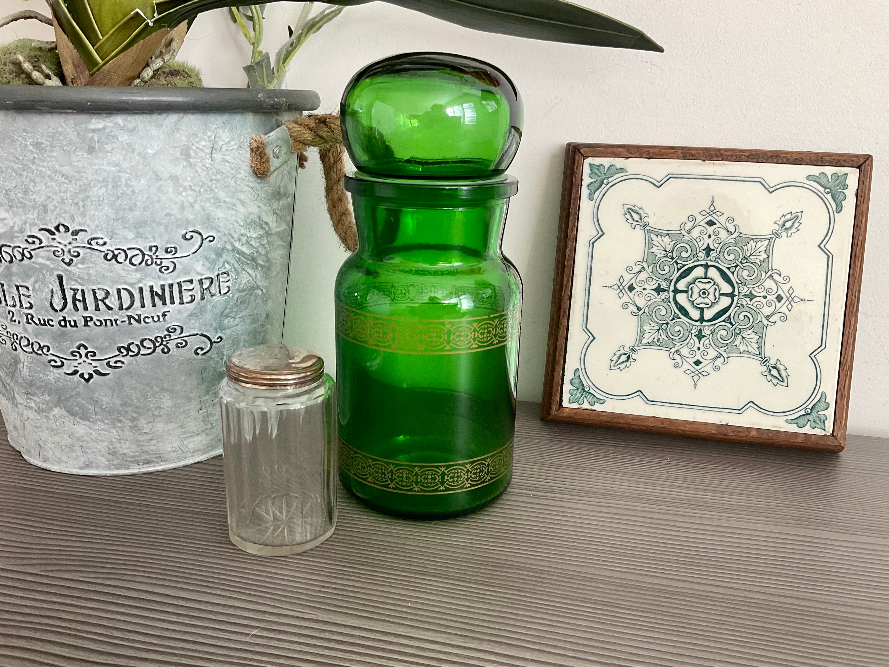ANCIEN PETIT POT bocal en verre vert bouchon liège vintage cuisine pâtes lever