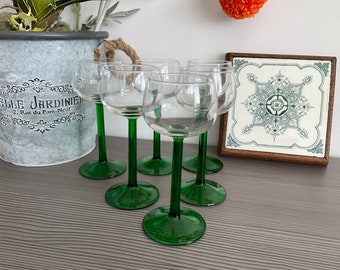 6 Vintage Luminarc France Long Stemmed Wine Glasses, Emerald Green Stem, Elegant Barware