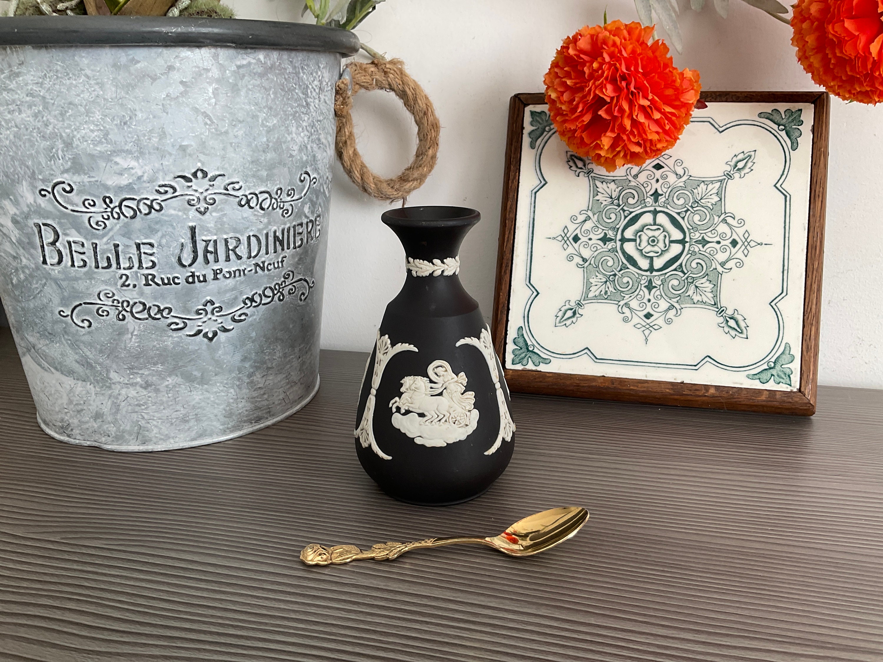 Black Wedgwood Jasperware Posy Vase, Black and White Small 