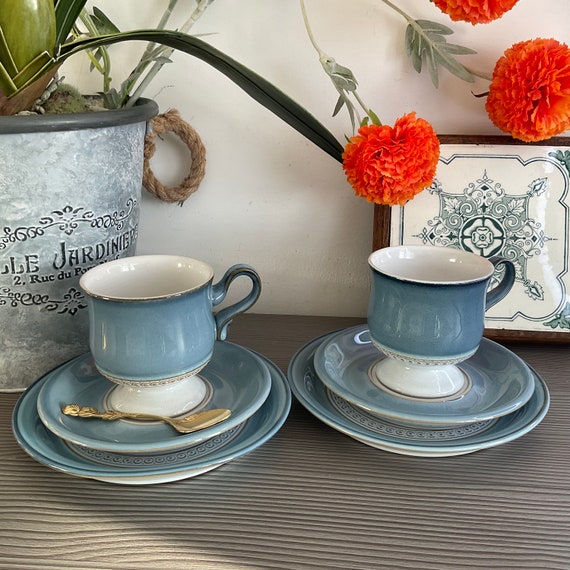 Elegant DENBY Castile Trio, Soft Blue, Footed Cup, Saucer and Cake