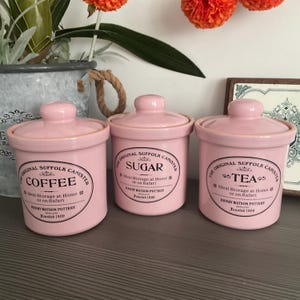 3 x Henry Watson PINK Coffee, Tea and Sugar Canisters Glazed Kitchen Storage