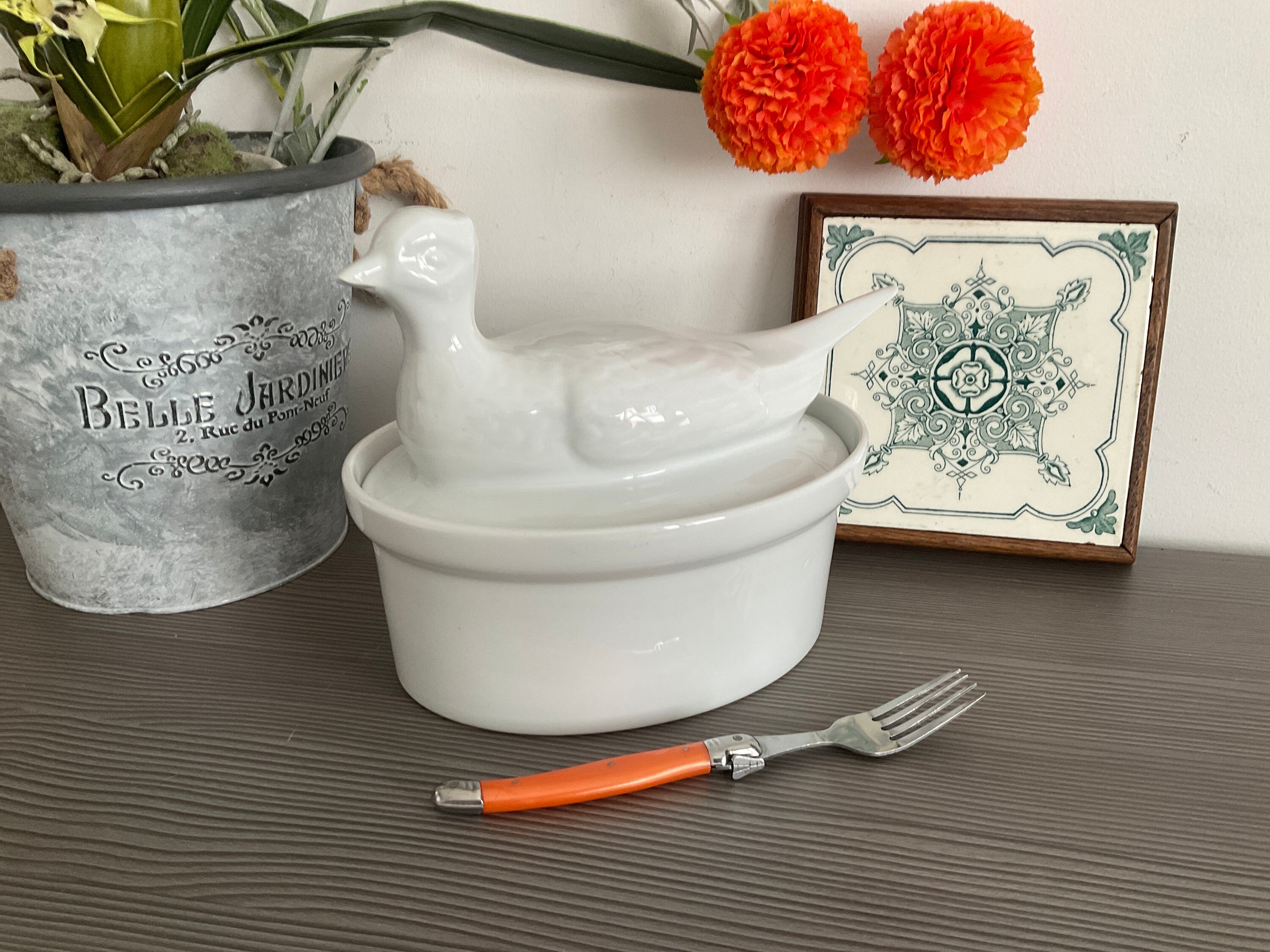 APILCO Pate Terrine: White Porcelain Pheasant Lid, French Oven APILCO Pate Terrine: White Porcelain Pheasant Lid, French Oven