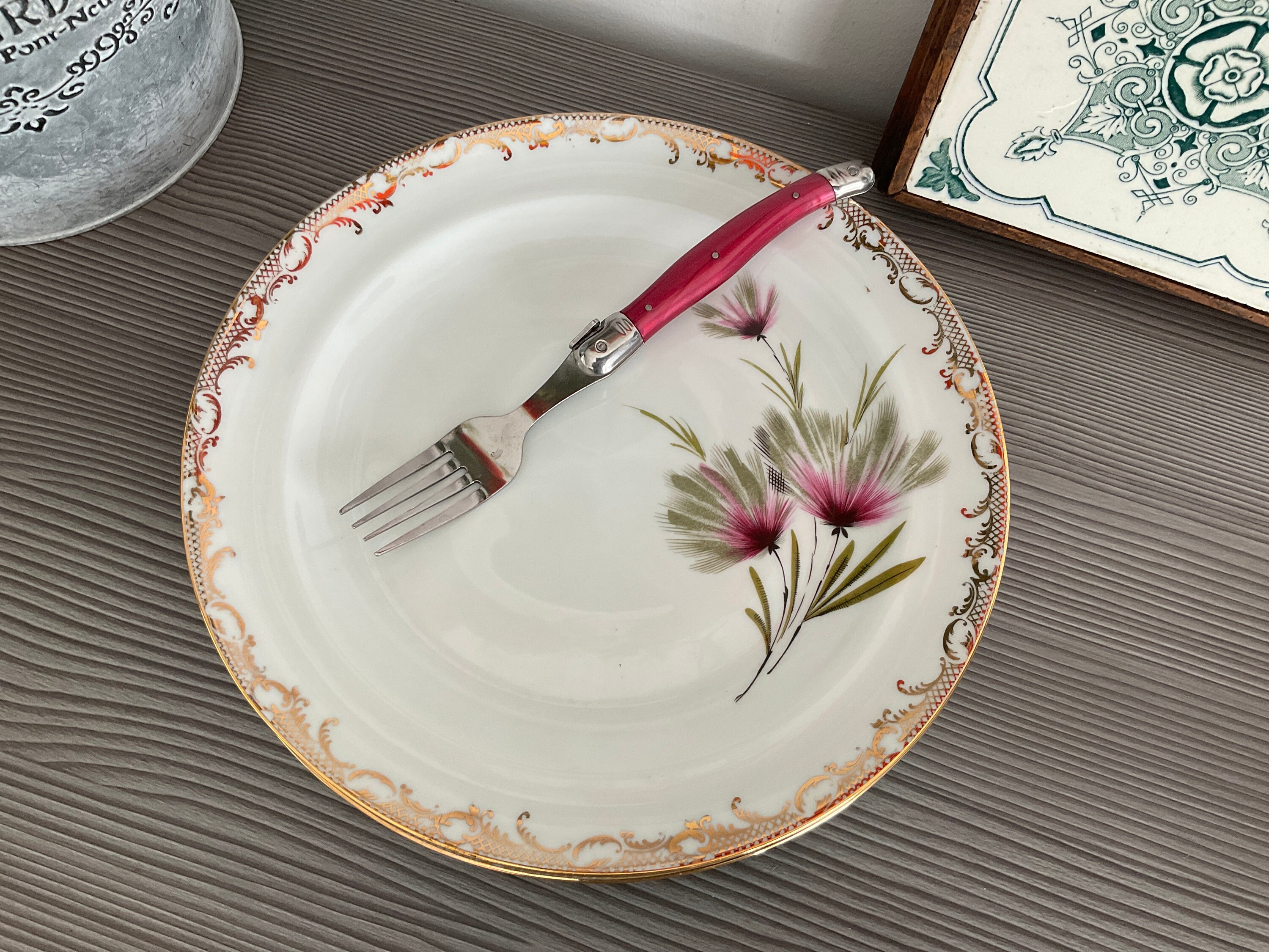 ヴィンテージ リモージュ ディナープレート（ペア）：金縁のフランス製