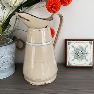 Large Vintage French Enamel Pitcher, Cream Enamel Jug/Vase,Shabby Chic, Chippy, Rustic, Farmhouse Decor