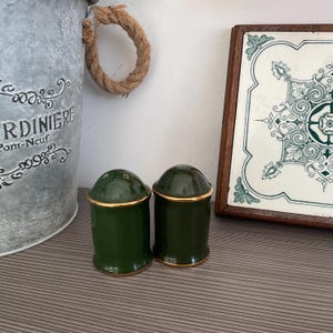 Op de afbeelding: Twee donkergroene keramische zout- en peperstrooiers met gouden rand. De strooiers hebben een afgeronde bovenkant en een cilindrisch lichaam. Op de achtergrond een decoratieve metalen emmer en een betegelde lijst met een groen en wit bloemmotief.