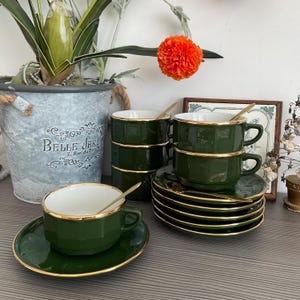 Apilco Ex Large Green and Gold Cup & Saucer with Gold Spoon, French Cafe Style