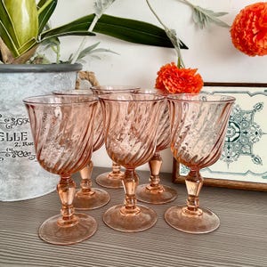 6 x Large LUMINARC ROSALINE Wine Glasses, French, 6 Large Salmon Pink Swirl Glasses