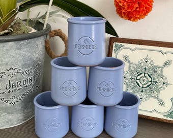 6 x Blauw geglazuurde La Fermière yoghurtpotjes, vla-potjes, dessertbekertjes, Frans