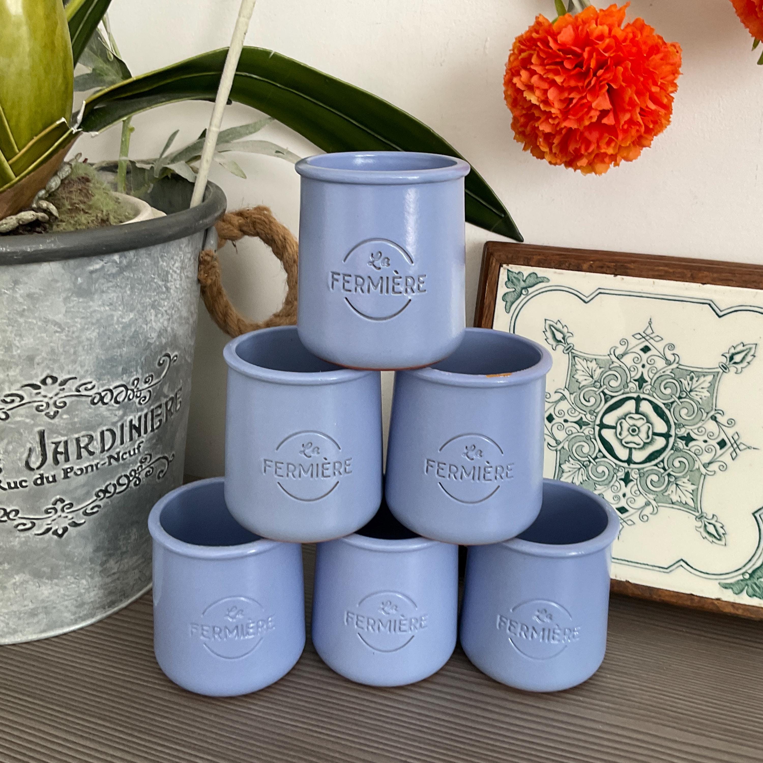 6 X Blue Glazed La Fermiere Yogurt Pots, Custard Pots, Dessert