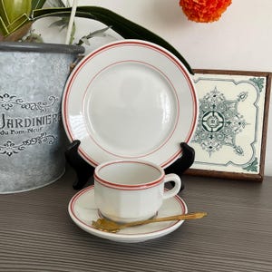 Rare ! APILCO  White with Red Rim Flora Double Expresso Cup, Saucers and Plate, French Cafe Bistro China, APILCO Trio
