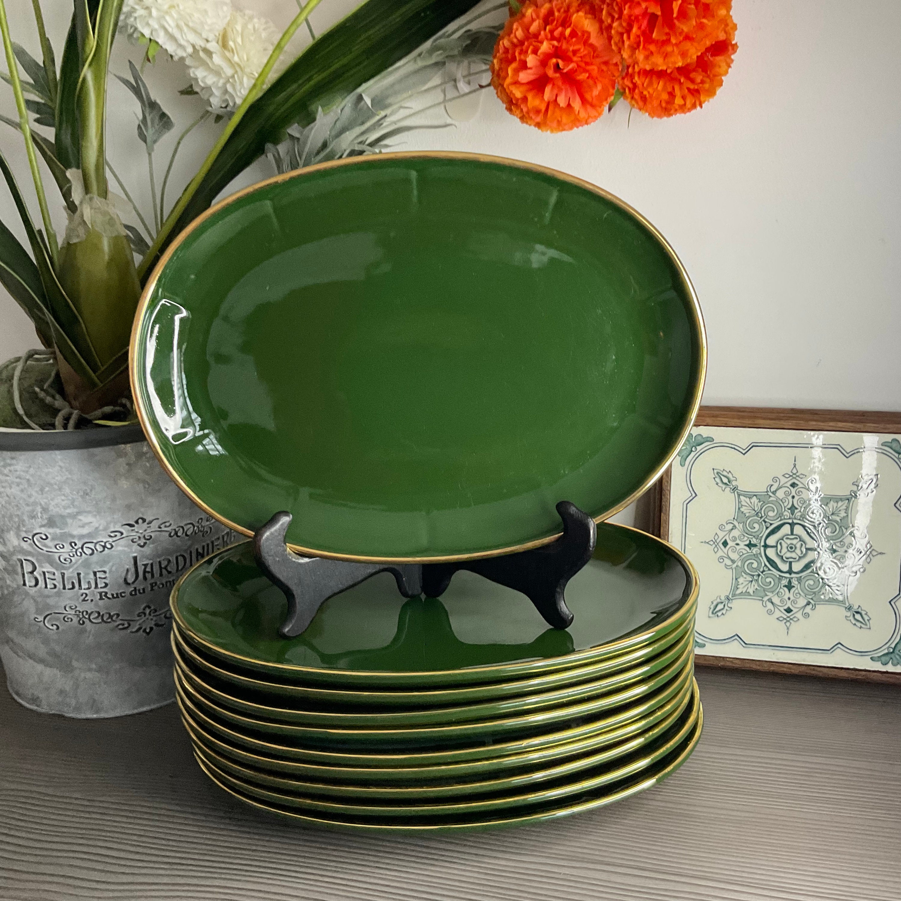 Reserved for Bernard Authentic APILCO Oval Steak Plates, Green and