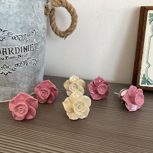 6 x  Ceramic Rose Door/Drawer Knobs, Contemporary Door Furniture, Pretty Roses Handles