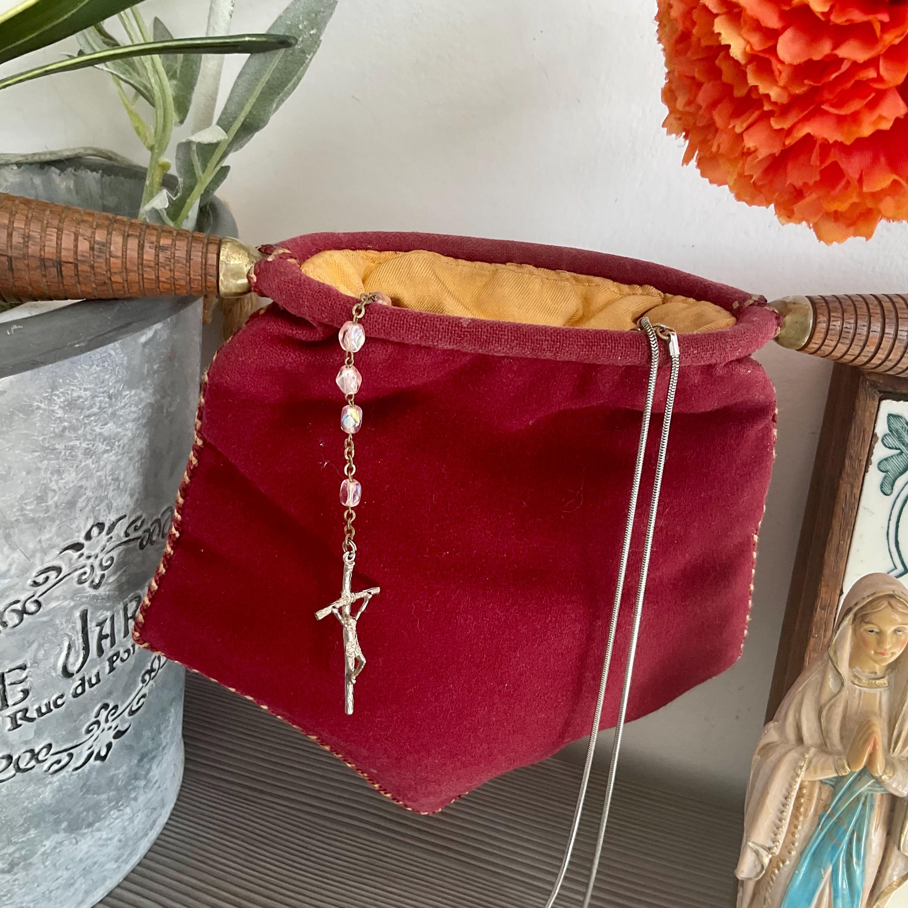 Vintage Red Velvet Offering Bag Catholic Church Collection Bag Offertory Bag Religious Item