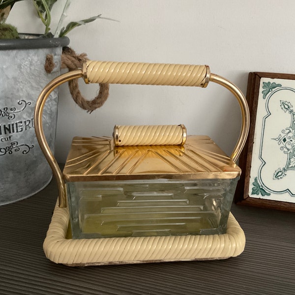 Art Deco Cookie Box and Carrying Tray, Glass BonBon Dish, Dressing Table  Tidy, Art Deco Glass Box with Gold Lid