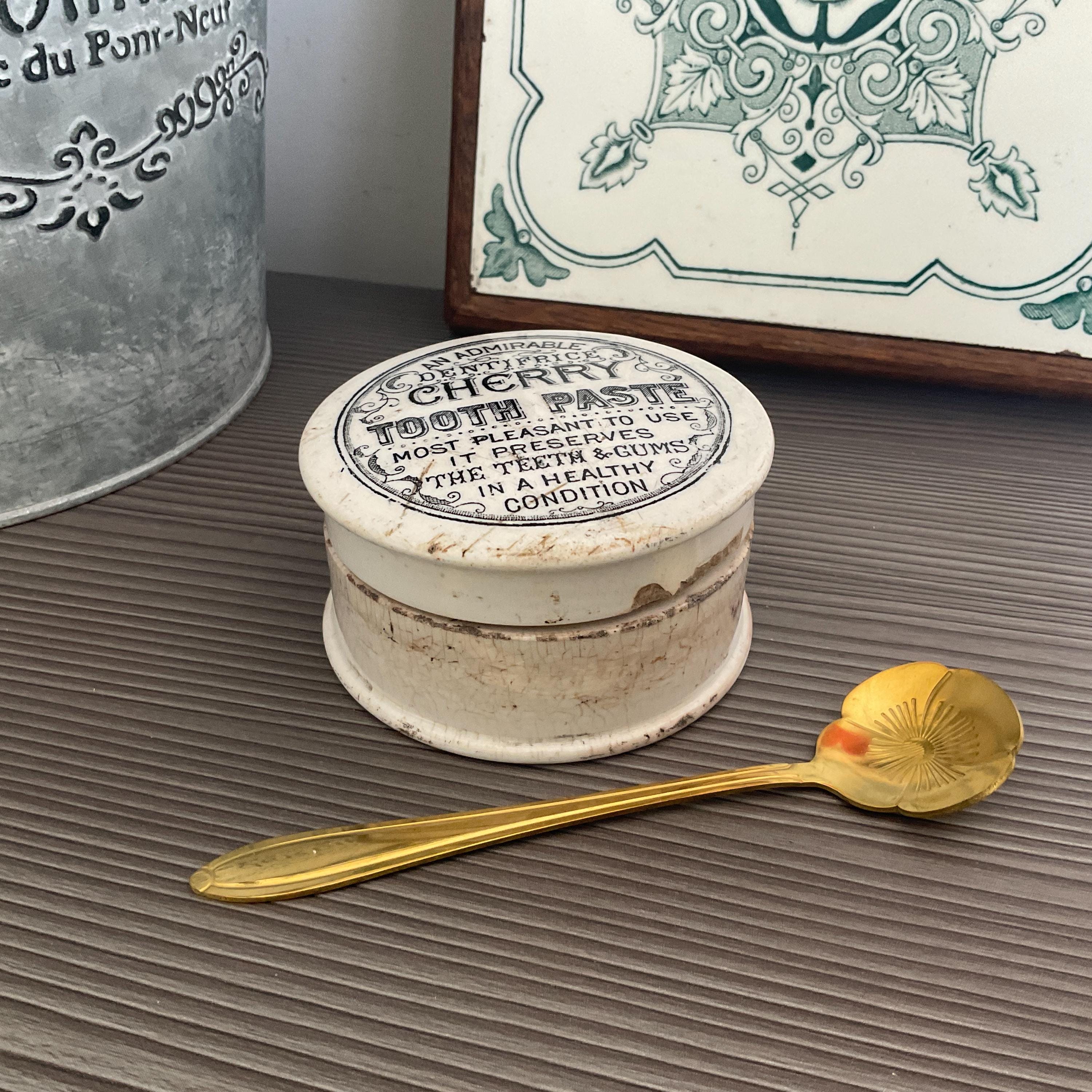 アンティークチェリーの歯磨き粉容器：ビクトリア朝の転写陶器の広告