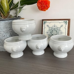 4 x Vintage French PILLIVUYT Lion Head Soup Bowls, White Ironstone, Traditional French Onion Soup Bowls