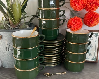 Authentic APILCO 2 x Ex Large Cappuccino/Breakfast Cups and Saucers Bistro ware, Vintage Green & Gold French Cafe Style Cups