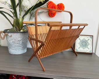 REDUCED ! Fabulous Mid Century Magazine Rack, Wooden, Folding Newspaper Rack, Stylish Bent Wood Handle,