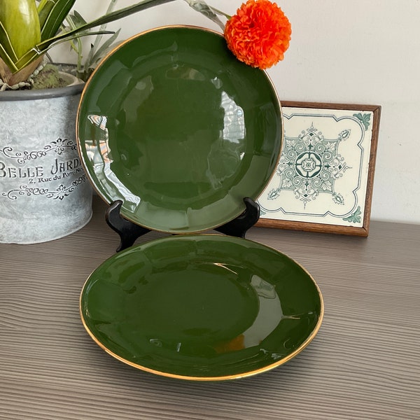 2 assiettes plates APILCO, grande assiette bistrot verte et dorée de 24 cm, vaisselle française, SANS LOGO 3 paires disponibles