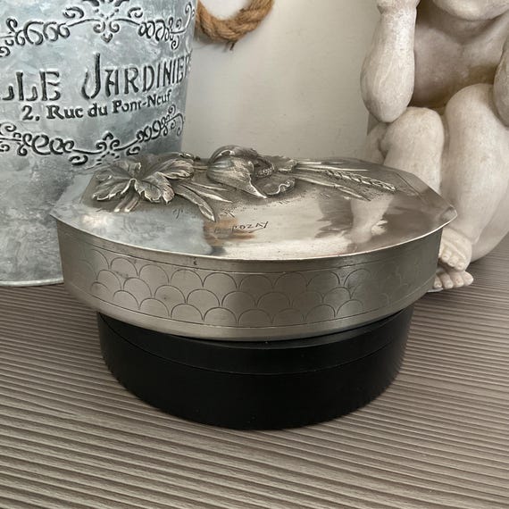 Antique French Signed Pewter Jewelry Box, L Rozay Art Nouveau
