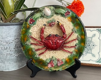 Fabulous Roque Gaeiras Obidos Crab Plate 9.5” PALISSY Ware, Majolica Crab Plate, Signed, Portugal