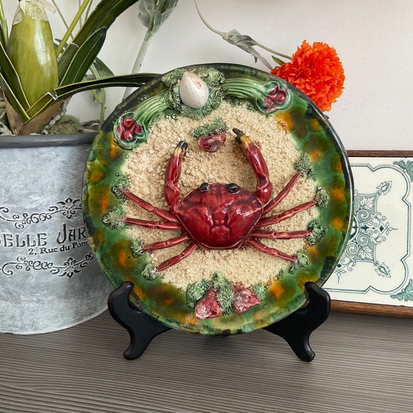 Fabulous Roque Gaeiras Obidos Crab Plate 9.5” PALISSY Ware, Majolica Crab Plate, Signed, Portugal