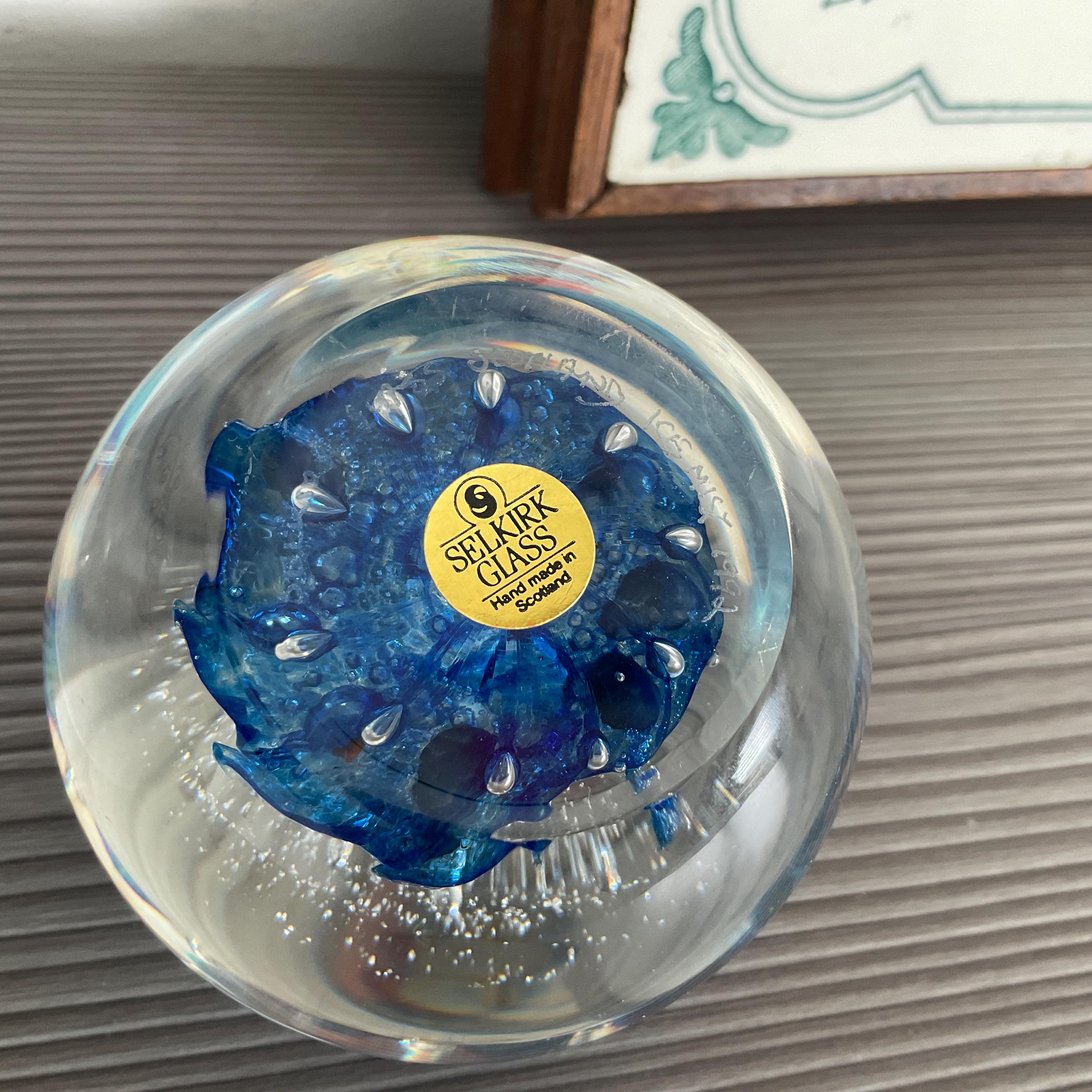 Signed Selkirk Art Glass Paperweight: Ice Mist, Purple & Gold