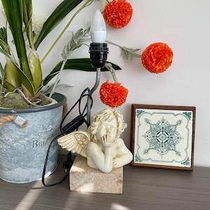French Shabby Chic Cherub Table Lamp, Painted Resin Angel Boudoir Lamp, Two Pin Plug
