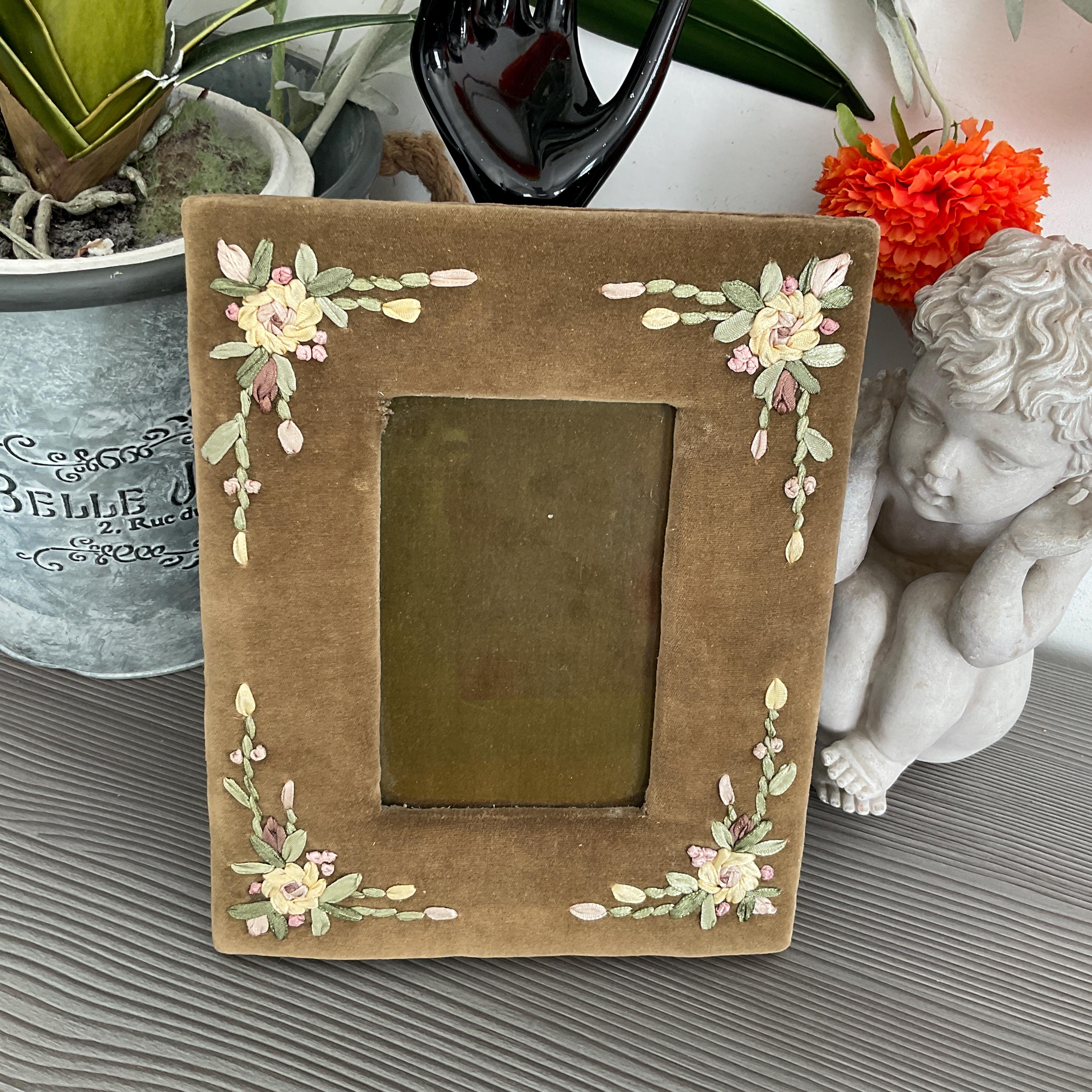 Antique French Velvet Photo Frame With Floral Ribbon Work Details