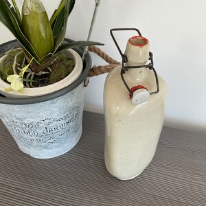 May include: A white ceramic bottle with a metal wire closure and a white ceramic stopper. The bottle is sitting on a grey wooden surface. A potted plant with green leaves and white flowers is in the background.