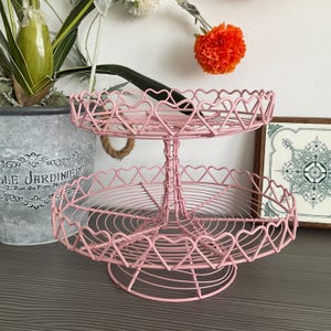 Sweet Pink Coated Metal 2 Tier Cake Stand with Hearts, Fruit Basket,