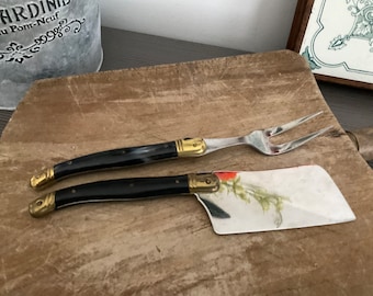 Vintage Laguiole Cheese Set, Brass and Stainless Steel, Resin Handles