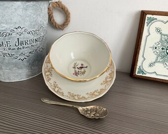 French LIMOGES Sauce Bowl with Fixed Saucer, Bird of Paradise, Vintage Porcelain