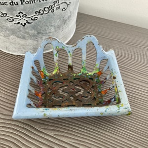 French Blue Enameled Cast Iron Soap Dish: Shabby Chic Bathroom Decor