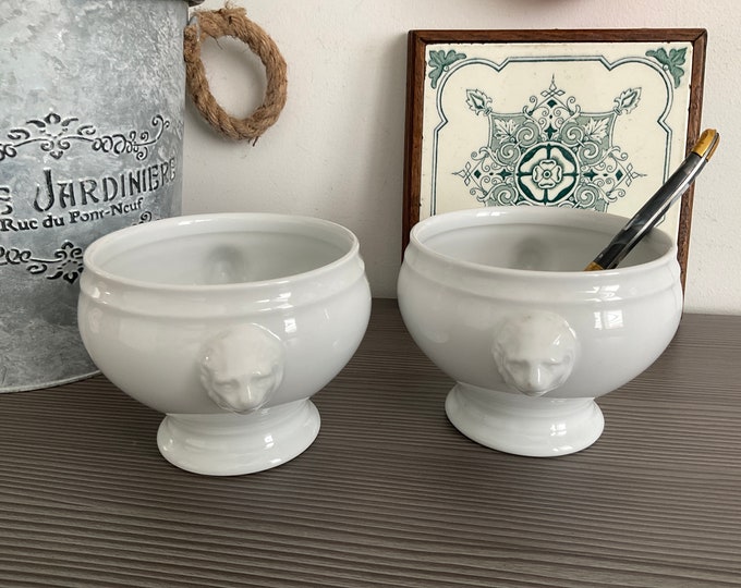 2 French Lion Head Soup Bowls Classic White Glazed Onion Soup Etsy