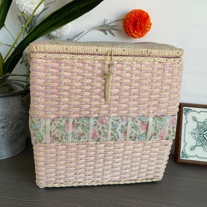 Large Vintage Sewing Box, Pink Woven Needlework Box