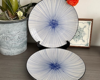 Striking Villa D’Este Home TIVOLI Large Dinner Plates, 2 Vintage Blue and White Modern Design.