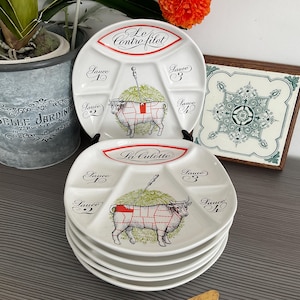 Vintage Porcelaine D’Auteuil Paris Fondue Plates, Full Set of Six Steak Cuts Plates, French Bistro Plates