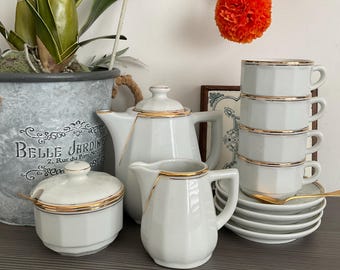 Reduced ! Rare APILCO Bistro Coffee Tea Set: French Cafe Style White Porcelain
