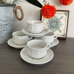 4 x Vintage Apilco ‘Flora’ Double Espresso Cups and Saucers, All White French Bistro Ware, Cafe Style Crockery Coffee/Tea cups
