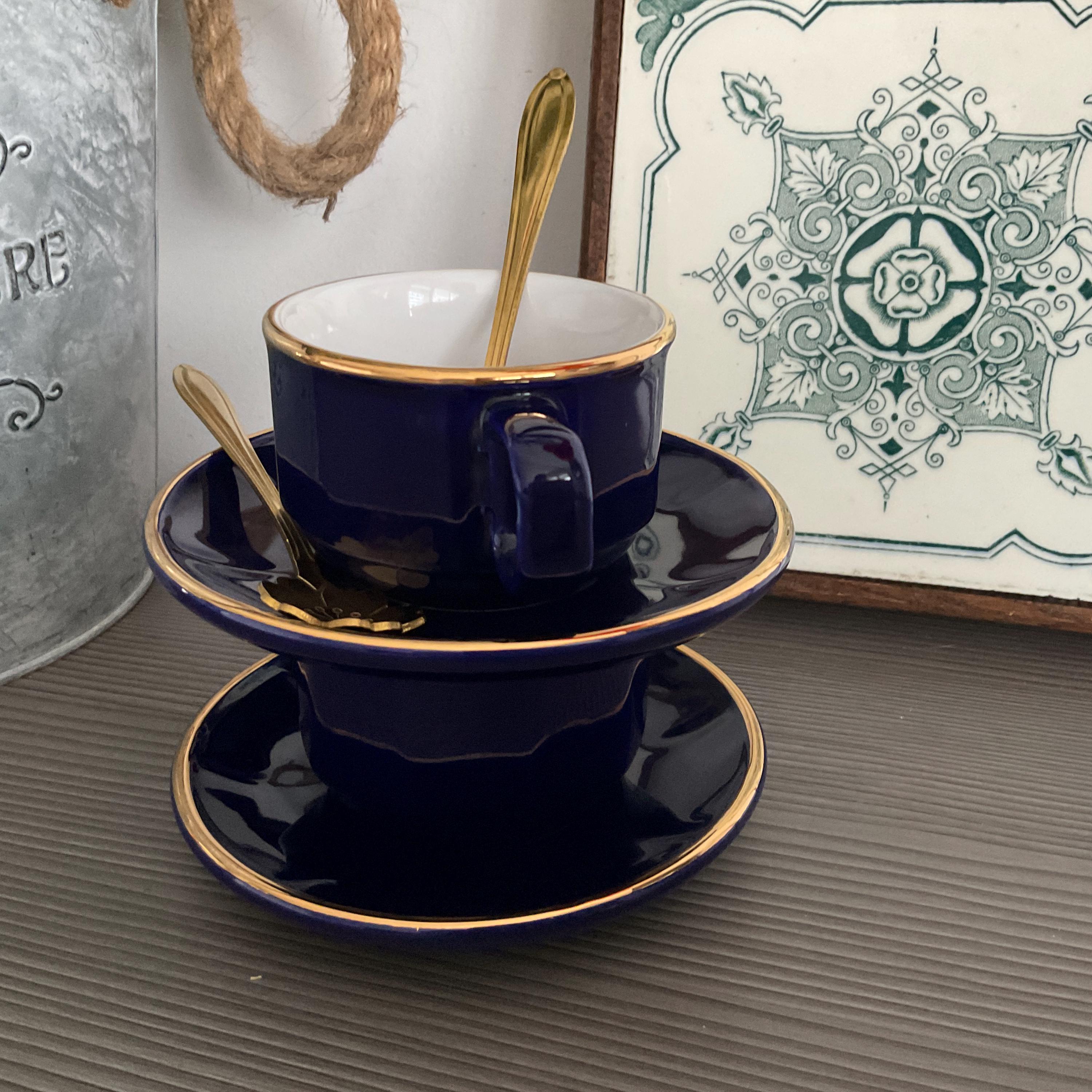 Apilco Martell Cognac Espresso Cups: French Bistro Style, Blue & Gold