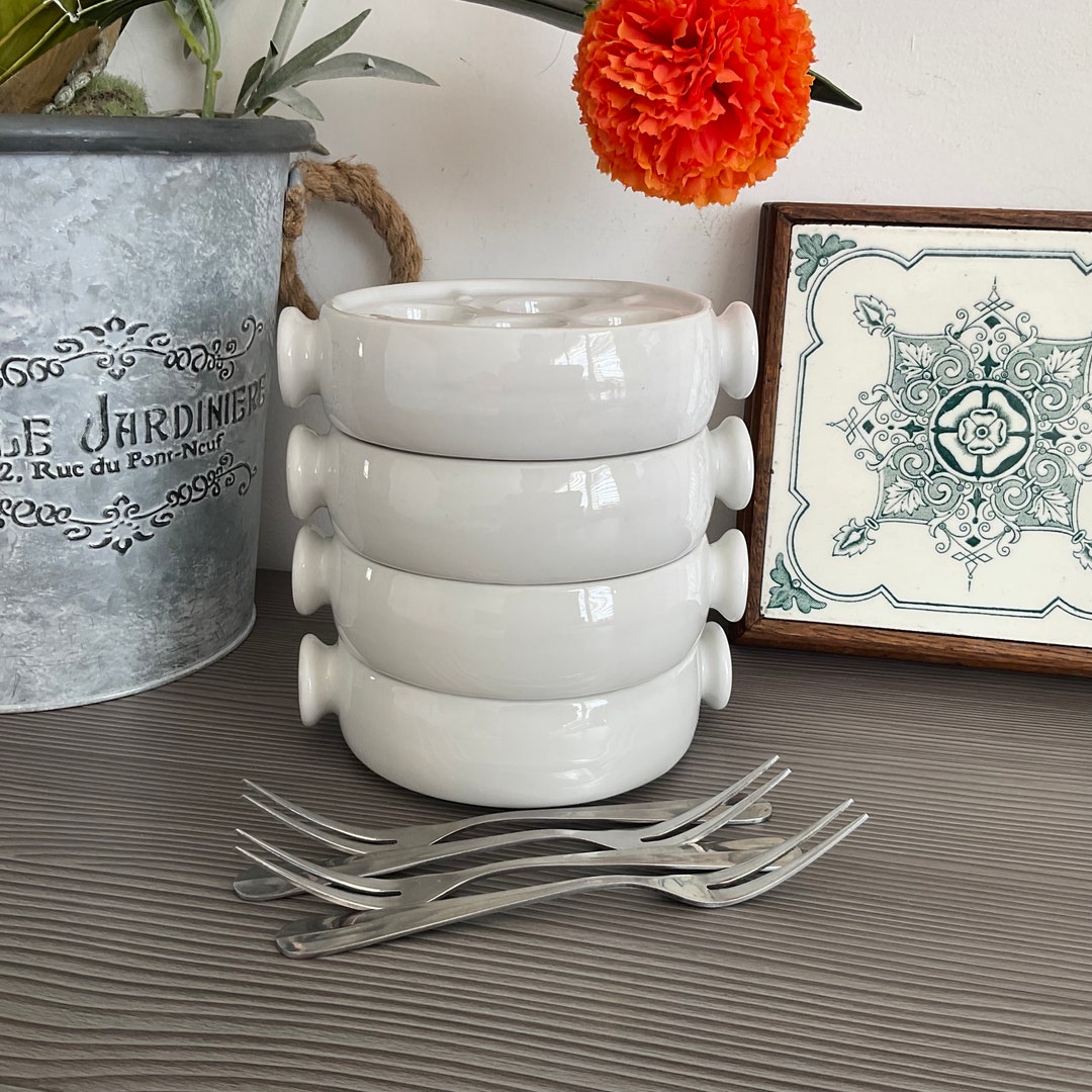 4 Vintage APILCO Escargot Dishes, Heavy White Ceramic French Snail